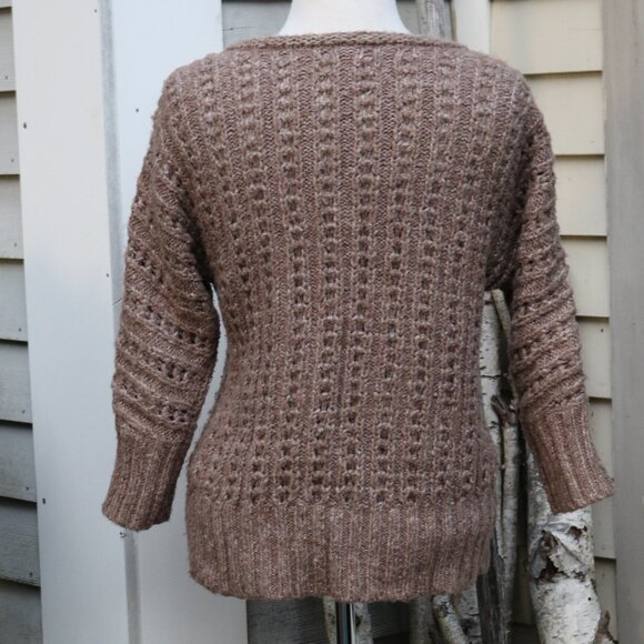 LOFT Mocha Brown Chunky Knit Zipper Shoulder 3/4 Sleeve Sweater Sz SMALL - Picture 5 of 7
